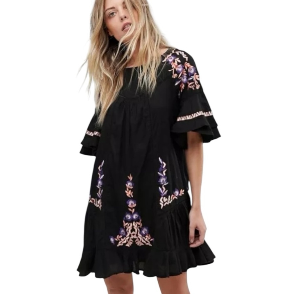 Free People Pavlo Embroidered Ruffle Mini Dress Black Women’s  Size Small - Picture 10 of 14